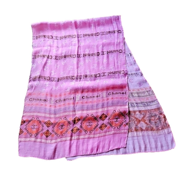 Silk Scarf Pink w/logo double C C 69"×22" - Picture 1 of 9